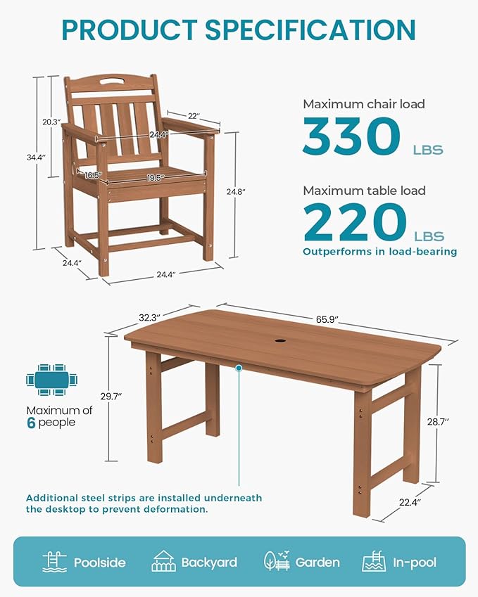 Ciokea HDPE Outdoor Dining Table with Umbrella Hole,66" Rectangle Patio Table for 6,All-Weather Outdoor Patio Furniture Set for Garden Backyard,Teak CIOKEA