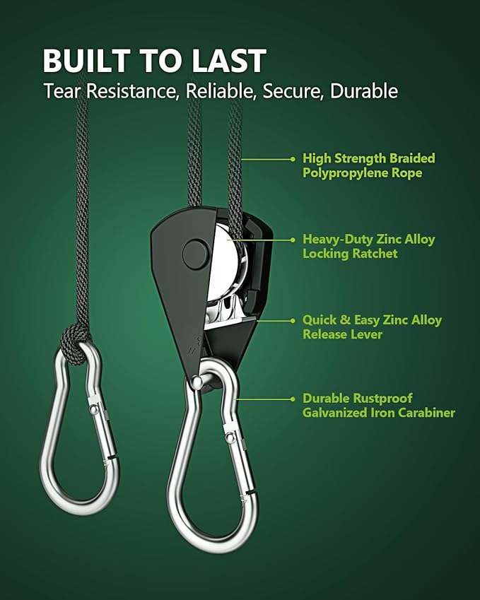 2-Pack 1/8” Adjustable Rope Hanger, Heavy Duty Ratchet Tie Down Strap with Reinforced Metal Gear, Ratcheting Pulley System Bungee Cord for Hanging Plants Grow Light and Various Tie-Down Uses STAYGROW