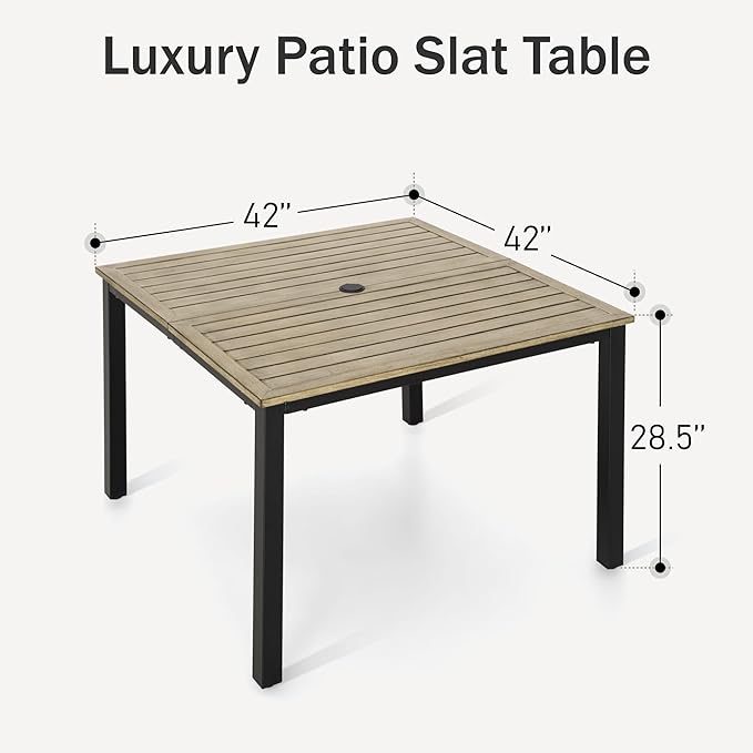 PHI VILLA Outdoor Patio Table, Square Metal Steel Slat Table with 1.57”- 1.9” Adjustable Umbrella Hole, Weather-Resistant Outdoor Dining Table for Garden Deck, 42" x 42" x 28.7", Brown PHIVILLAThepioneerofcomfortablehouseholdsupplies