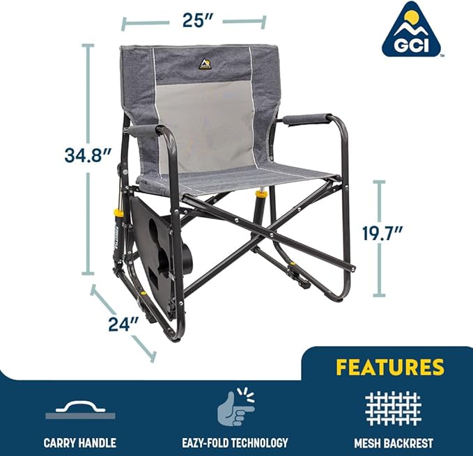 GCI OUTDOOR Freestyle Rocker with Side Table Camping Chair | Portable Folding Rocking Chair with Solid, Durable Armrests, Drink Holder & Comfortable Backrest — Heathered Indigo GCIOUTDOOR