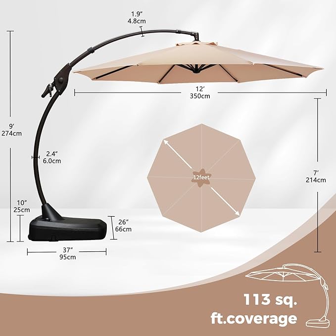 Grand patio 12FT Offset Umbrella Outdoor Round Aluminum Cantilever Umbrella with Base for Garden Deck Poolside (Champagne, 12 FT) GrandPatio