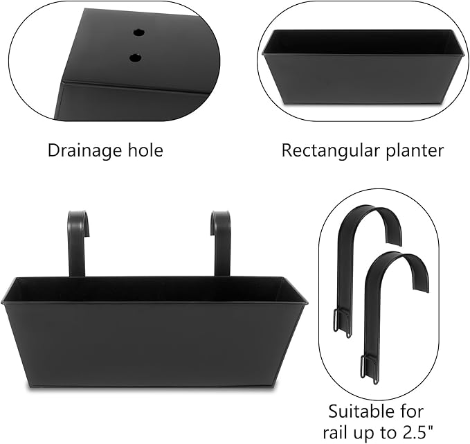 Railing Planters Outdoor Balcony 16 Inch Deck Over The Railing Planter Boxes Hanging Planters for Fence Flower 5 Pcs (Black) Holensun