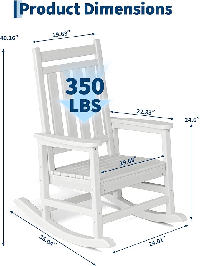 HDPE Rocking Chair Outdoor Set of 4 - Poly High Back Porch Rocker Chairs for Adults - All Weather Resistant Furniture for Patio Front Porch - White Garvee