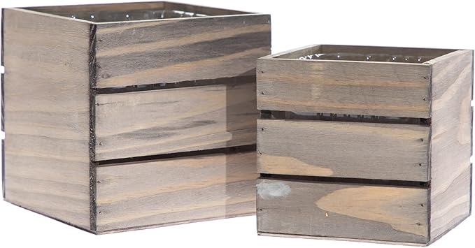 Wood Planter Box with Wine Crate Styled, 5 Inch Square, Rustic Barn Wood, Plastic Liner, Wedding Flowers Holder, Home and Venue Decor, (5x5 Wine Crate Set of 4) Rootora