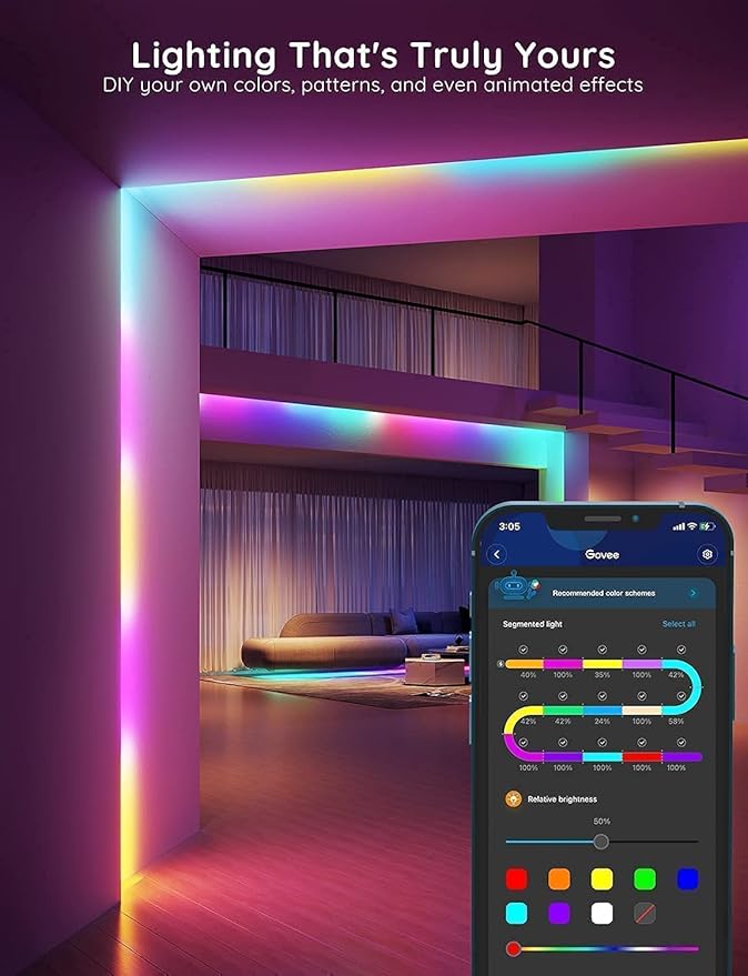 Govee 100ft RGBIC LED Strip Lights, Smart LED Lights Work with Alexa and Google Assistant, LED Lights for Bedroom WiFi App Control Segmented DIY Multiple Colors, Color Changing Light, (2 x 50ft) Govee