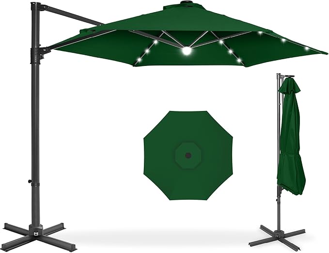 Best Choice Products 10ft Solar LED Offset Cantilever Hanging Market Patio Umbrella, Smooth 360° Rotation, 8 Sturdy Ribs, Easy Adjustment - Green BestChoiceProducts