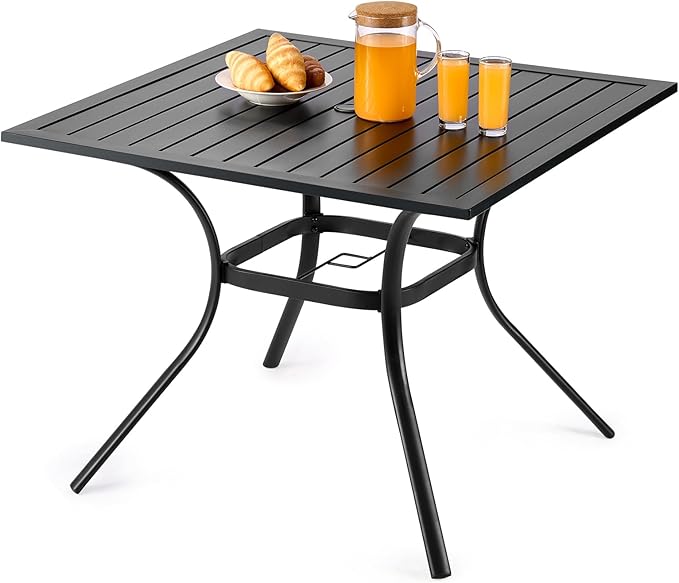 VEVOR Outdoor Patio Dining Table, 37 inch Square Metal Steel Slat Backyard Bistro Tables, with 1.5 in Umbrella Hole, Outside All-Weather Large Furniture for Lawn Garden Porch, Black VEVOR