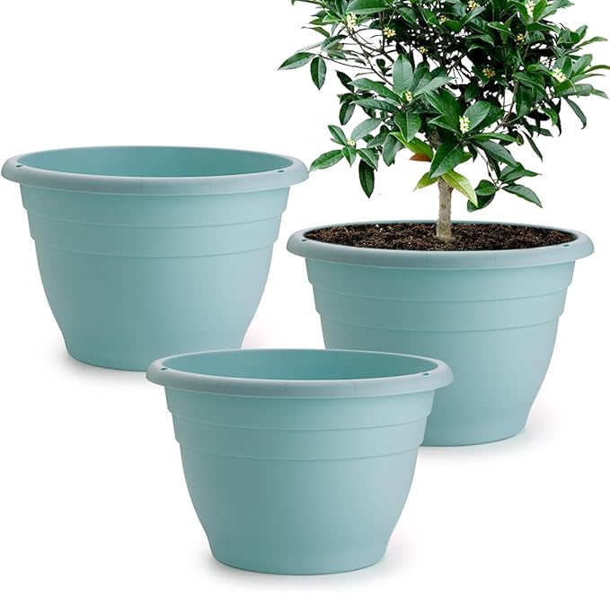 3 Pack 11 Inch Plant Pots with Drainage Hole and Plug, Durable Plastic Flower Pots for Indoor & Outdoor Plants, Elegant Mordern Plant Pots Perfect for Herbs, Flowers & Succulents, Blue RooTrimmer