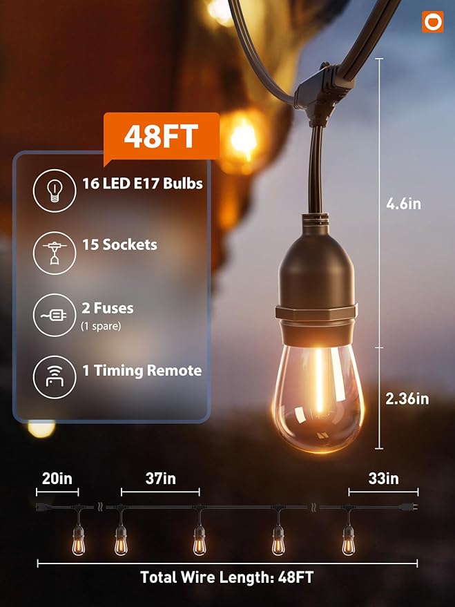 addlon Outdoor String Lights Timer Control, 48FT LED Patio Light with Edison Vintage Shatterproof Bulbs and Commercial Grade Weatherproof Strand - ETL Listed Heavy-Duty Decorative Lighting addlon