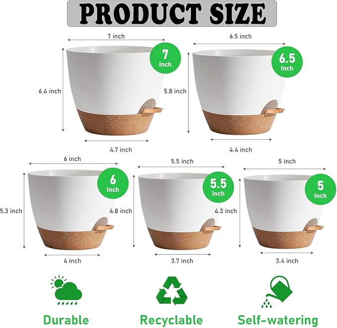 5-Pack Plant Pots with Drainage for Winter Care 7/6.5/6/5.5/5 Inch, Self Watering Pots for Indoor Plants, Planters for Indoor Outdoor Plants, Plastic Flower Pot, Planter for Indoor Outdoor (White) Rootora