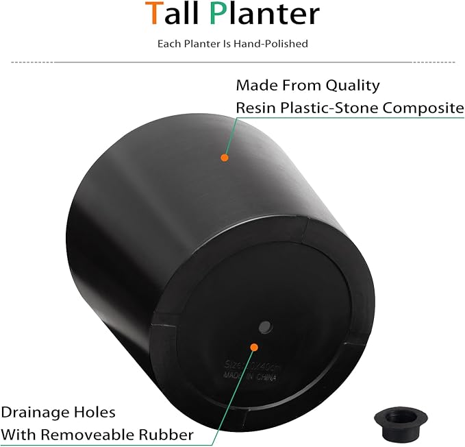 Wide Planters for Outdoor Plants, Extra Large Indoor Flower Pots for Garden, Front Porch, Patio - Round Resin Planter Set of 2 (Black, 16 inch - 2 Pack with Saucers) Heyzier