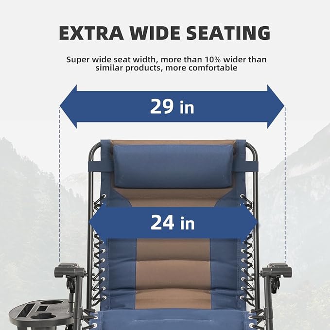 Zero Gravity Chair Oversized Padded Recliner with Adjustable Headrest & Cup Holder - 600D Oxford Folding Lounge Chair for Outdoor Camping, Patio, Poolside (Brown & Blue) Rootora