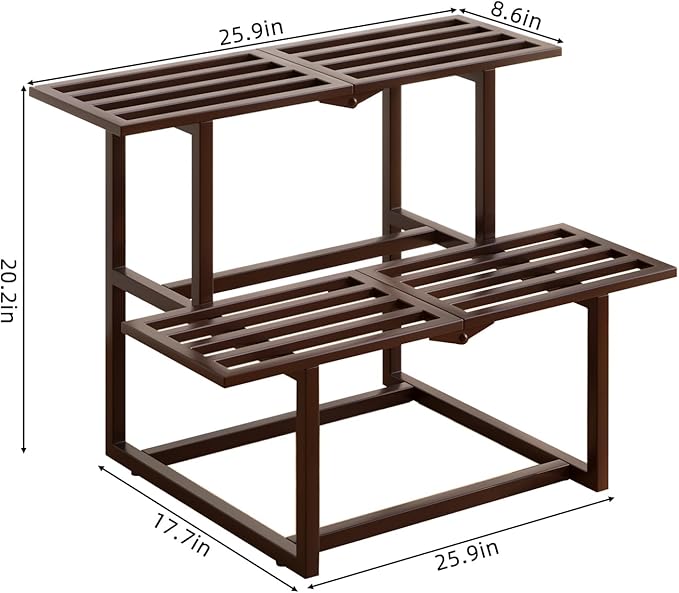Metal Plant Stand, Foldable Heavy Duty Indoor, Window Iron Plant Shelf - Mid Century Modern Slatted Display for Patio, Garden, Living Room Load Bearing 330 lbs 26" L x 20.2" H x 17.7" W 2 Tier Coffee HomecourtyardsInterio