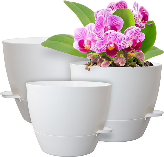 10/9/8 inch Medium Self Watering Pots, Plant Pots with Mesh Drainage Holes for Indoor Outdoor Garden Plants, Flower Pots with Removable Reservoir, Set of 3 Plastic Planters, White WSMKSZ
