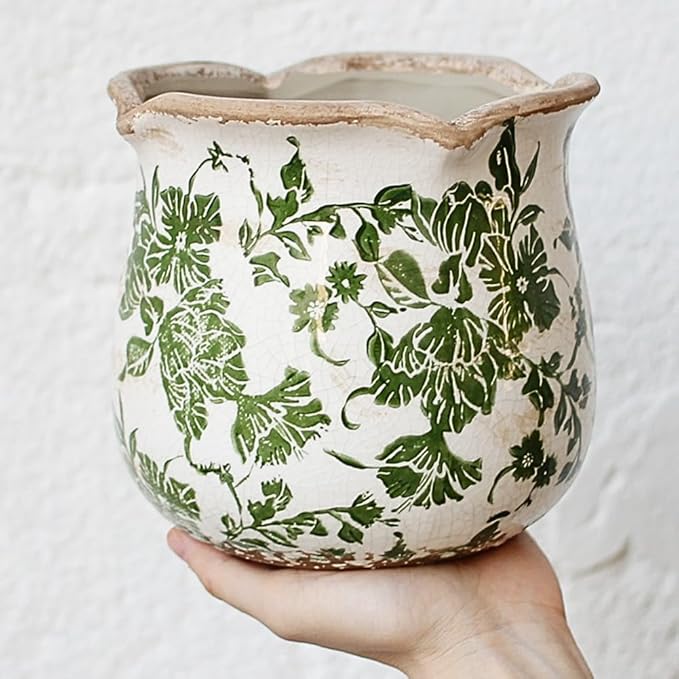 Tuscan Ceramic Plant Pots, 6.11 Inch Vintage Planters with Drainage Hole for Indoor Plants, Farmhouse Green Scroll Vase & Flower Pots, Home Kitchen Garden Decor, Plant Lover Gifts XiaanJiaju