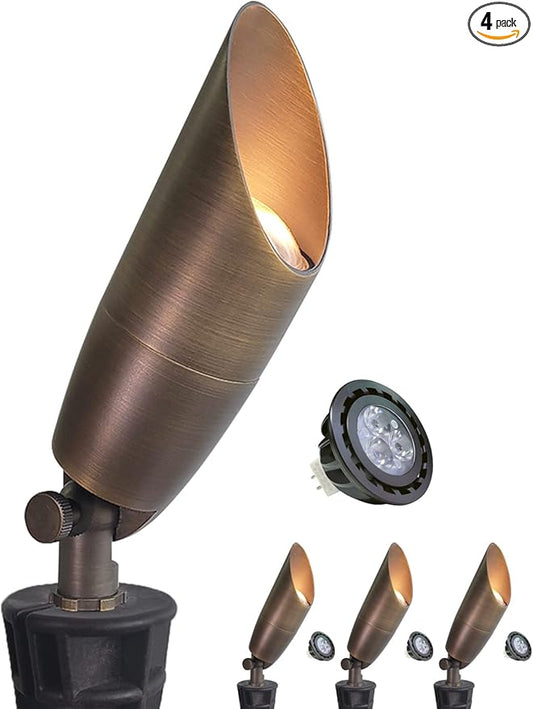 MALORY Solid Brass Landscape Spotlight 4-Pack with Bulb(S06), Low Voltage Front and Backyard Landscape Lighting with Large Rugged Slot Spike & Wire Connector,12V AC/DC Garden Patio Spot Up Light MALORY