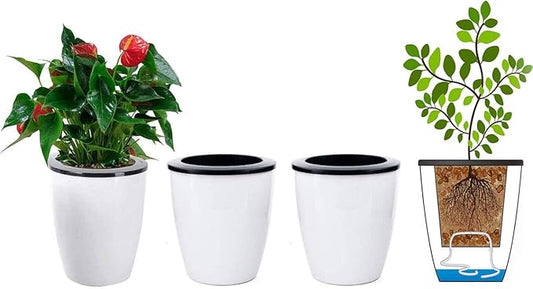 5.2“ Self Watering Planter White Flower Pot, 3 Pcs Medium Planter Pot, Mini Plant Pot, for All Plants, Herbs, African Violets, Succulents, Flowers Or Start Plants, White, 5 inch OYSIR