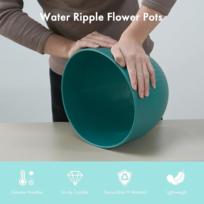 12 Inch Large Plant Pots for Indoor or Outdoor Plants, Wide Water Ripples Flower Pots with Drainage Holes & Saucer, Plastic Planters Set for Garden & Home Decor (Blue Green) WSMKSZ