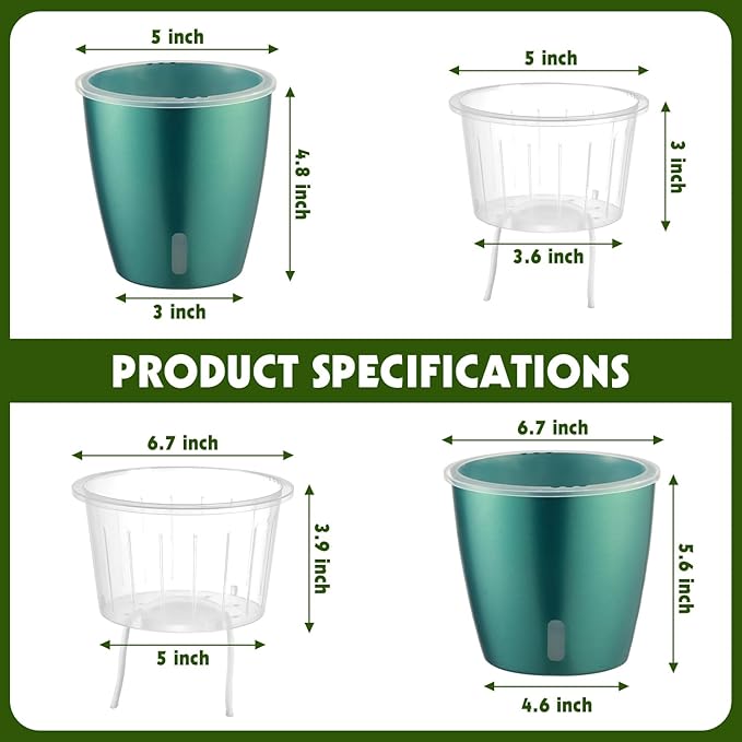 Self Watering Pots for Indoor Plants, 4-Pack 6.7'' Self Watering Planter with Drainage Holes, Small African Violet Pots with Water Indicator, Clear Wick Orchid Pot, Blue Gold KvyusFlourish