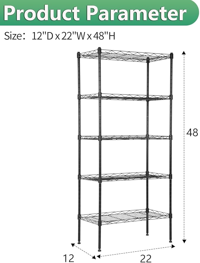 BestOffice | 5-Tier Wire Storage Shelves | 22x12x48 | Black | with Adjustable Racks | Heavy-Duty Metal Shelf, Holds Upto 750 lbs | No-Tool Assembly | Ideal for Home & Garage Shelving BestOffice