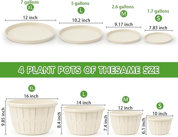 Quarut Plant Planters Pots Set of 4 Pack 16 Inch，Large Plastic Flower Pot for Indoor Plants with Drainage Holes & Trays, Whiskey Barrel Planters with Saucer for House Outdoor Garden Plant（White） Quarut