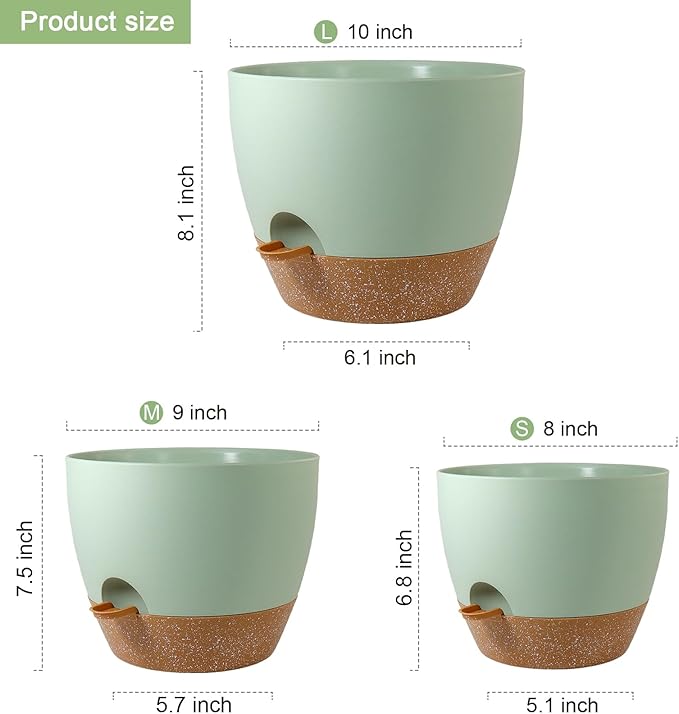 10/9/8 inch Self Watering Pots, Planter, Plant Pots with Mesh Drainage Holes for Indoor Outdoor Garden Plants, Plastic Flower Pots with Deep Reservoir for House Plants, Green with Brown WSMKSZ