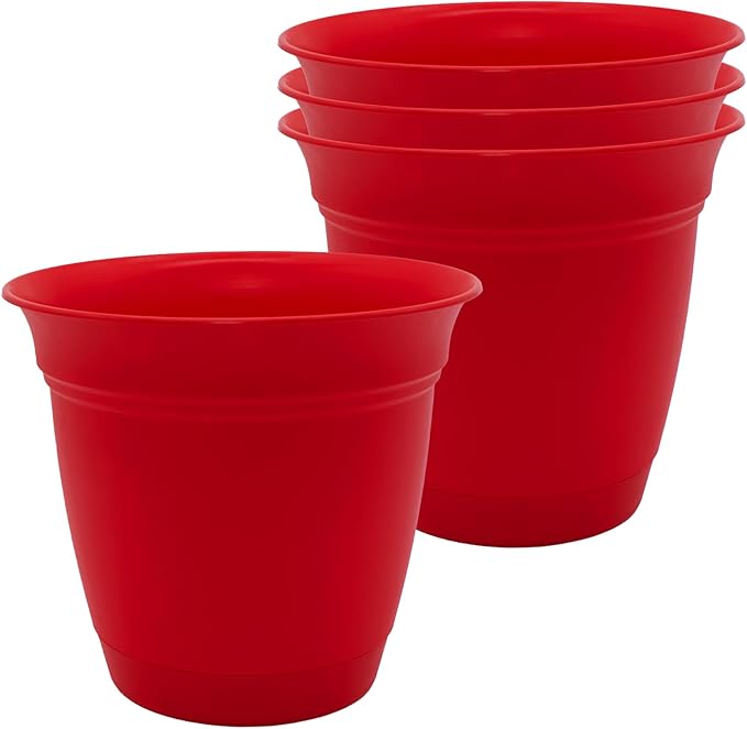 The HC Companies 6 Inch Eclipse Round Planter Pots with Drainage Holes & Attached Saucer, Lightweight UV-Resistant Plastic Indoor & Outdoor Planters, 4-Pack Flower Pots for Garden & Home Decor, Red TheHCCompanies