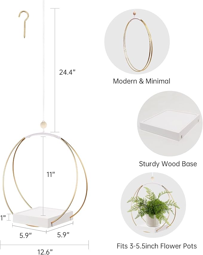2 Pack Hanging Planter Holder for Indoor Plants, Plant Hanger with Sturdy Wood Base,Modern Boho Macrame Wall Ceiling Window Stands(Plants/Pots Not Included) hismocal