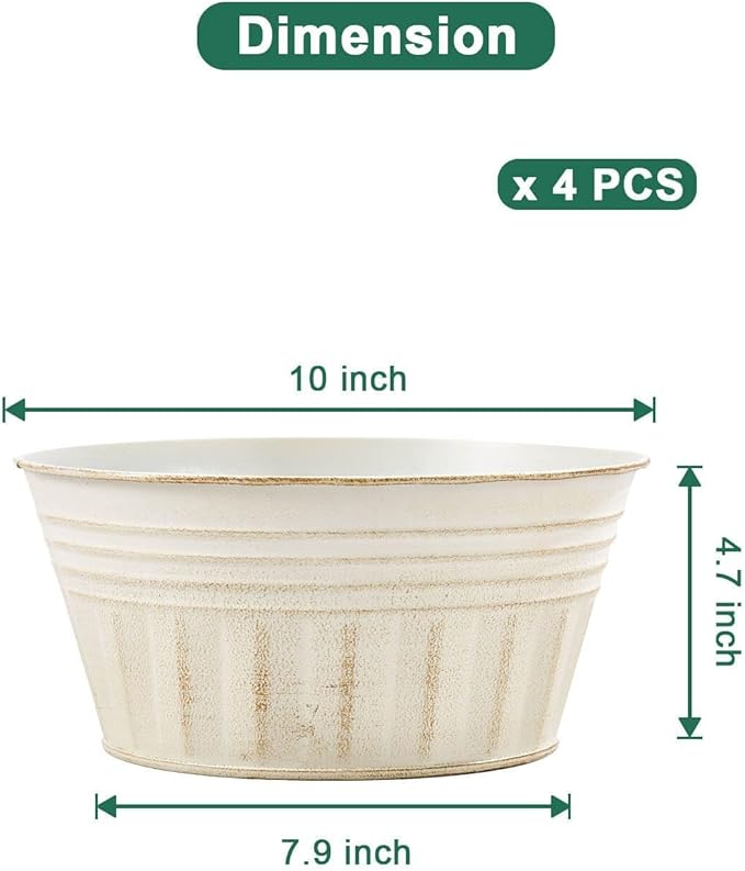 vensovo 10 Inches Beige Metal Rustic Plant Pots - 4 Pcs Large Shallow Galvanized Planters with Drain Hole and Rubber Plug, Rustproof Tin Bucket Succulent Pot Indoor Farmhouse Vintage Style for Decor vensovo
