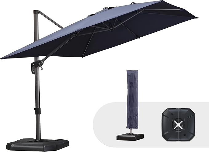 PURPLE LEAF 9'×11.5' Cantilever Patio Umbrella with Base Rectangle Offset Outdoor Umbrella Cover with Zipper for Garden Deck Pool Navy Blue PURPLELEAF
