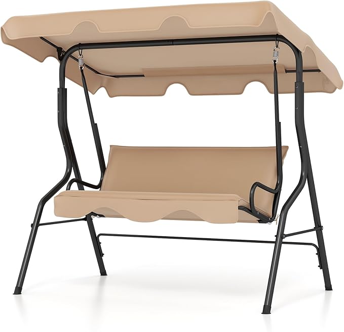 Tangkula 3 Person Porch Swing, Patio Swing with Removable Cushion & Powder-Coated Steel Frame, Outdoor Swing with Canopy for Porch, Backyard, Garden, Balcony (Beige) TANGKULA