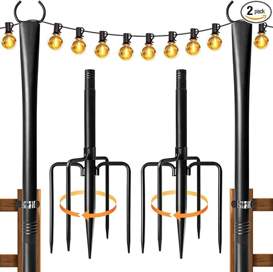 2 Pack String Light Poles for Outside, Thickened Metal Lights Hanger Pole Outdoor with Fork, Lighting Hanging Post Accessories for Patio Decor Garden Backyard Yard Front Porch Outside Decorations Fussion