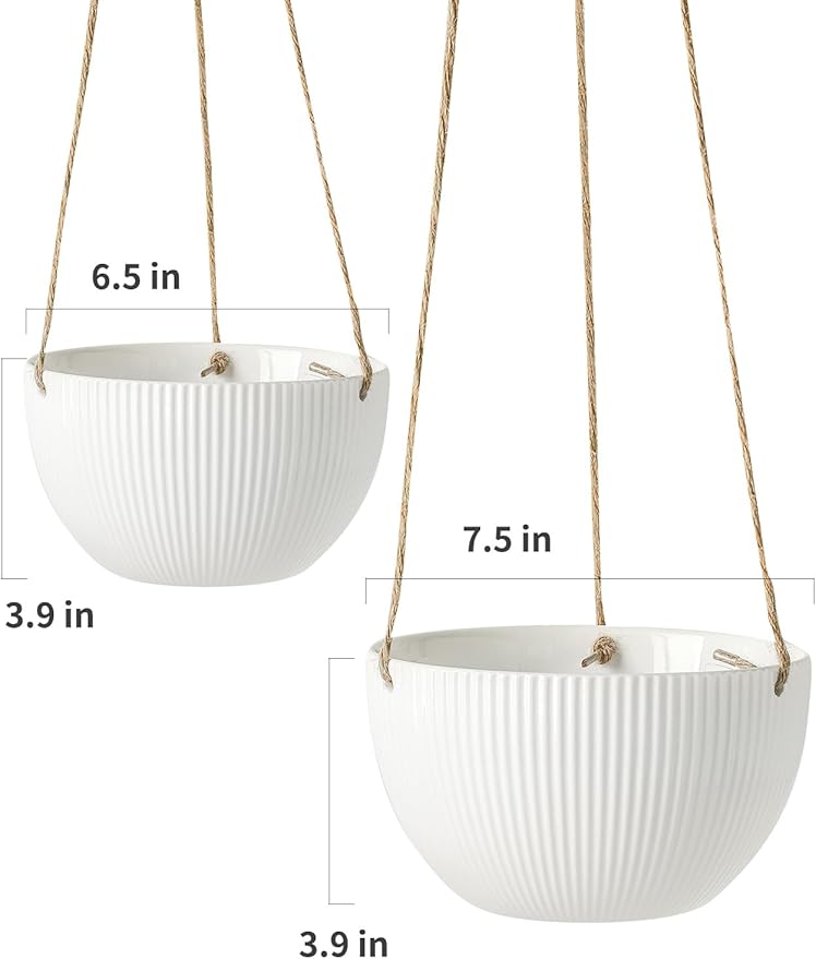 UBEE Ceramic Hanging Planters Indoor Outdoor, 7.5 Inch + 6.5 Inch Hanging Flower Pot for Plants Hanging Basket for Succulent Pothos Herbs Window Home Decor, 2 Pack, White Rootora