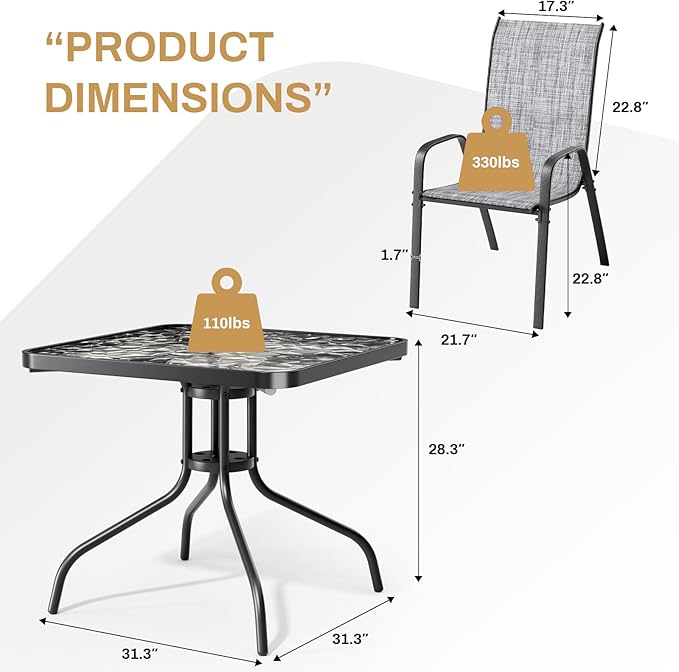 Arlopu 5 Piece Outdoor Patio Dining Set (Umbrella not Included), Porch Furniture with 4 Textline Chairs, 1 Square Glass Table for Garden, Backyard and Poolside, Lawn (Grey) Arlopu
