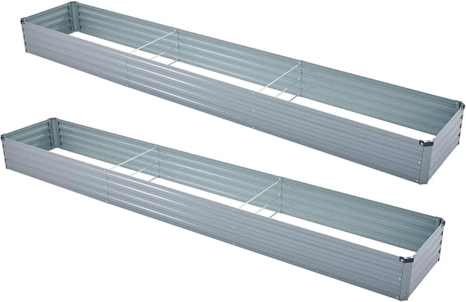 2 Pack 12x2x1FT Galvanized Raised Garden Bed Kit, Outdoor Metal Planter Box for Vegetables, Bottomless Rectangular Gardening Bed with Support Rods, Tool-Free Assembly, Gray Meberam