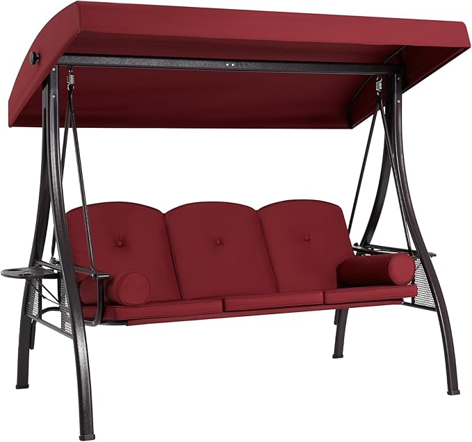 HOMREST 3 Seat Outdoor Porch Swing with 1.5" Deepened Cup Holder, Adjustable Canopy, Patio Swing Bed with Stand, Patio Glider Swing with Thicken Cushions, Pillow for Yard, Garden(Wine Red) HOMREST