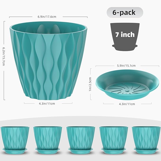 6 Pack 7 Inch Indoor Plant Pots with Drainage Holes, Outdoor Plastic Decorative Flower Pots, Garden Planters with Tray Saucers for Orchids, Violets, Succulents, Herbs, and Other Plants Rootora