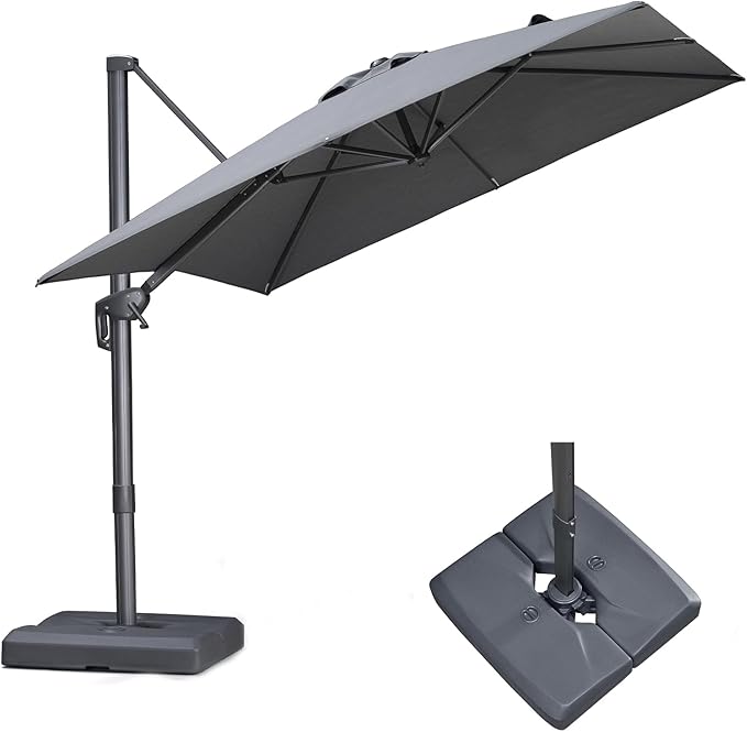 PURPLE LEAF 8 FT Cantilever Patio Umbrella with Base Outdoor Aluminum Offset Square Umbrella with 3 Years Fade Resistance Recycled Fabric and 360-degree Rotation for Deck Pool Garden, Mist Grey Rootora