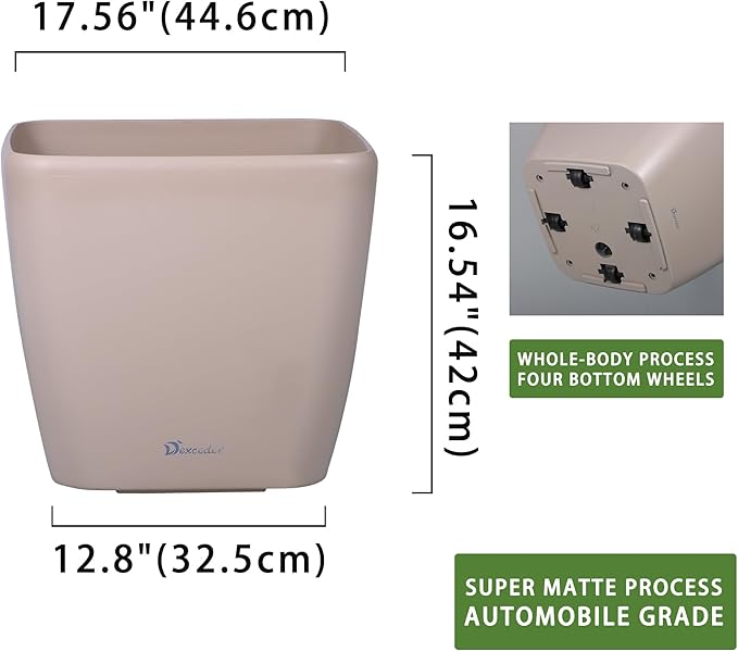 Dexceder 18x17 Self Watering Planter with Wheels Indoor Outdoor, Inner Mat Design, Thickened Large Floor Standing Flower Plant Pot with Water Level Indicator (Taupe Matte) Dexceder