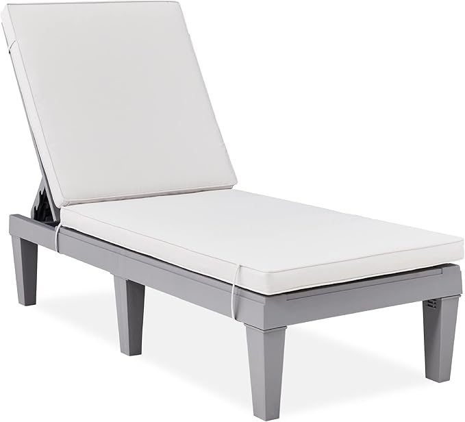 Best Choice Products Outdoor Lounge Chair, Resin Patio Chaise Lounger for Poolside, Backyard, Porch w/Seat Cushion, Adjustable Backrest, 5 Positions, 330lb Capacity - Gray/White Sand BestChoiceProducts