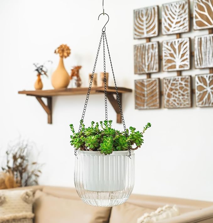Melphoe Self Watering Hanging Planters for Indoor Plants, 1 Pack 8.3 Inch Outdoor Hanging Plant Pot Basket, 2 Kinds of Hangers Macrame 35.5’’ & Metal Chain 19.6’’ for Garden Home Decor Melphoe