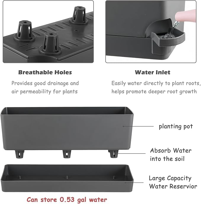 4 Pack Self Watering Pots for Indoor Plants 17 Inches Window Boxes Planters Rectangular Flower Pots Rectangle Herb Pots Large Plant Pots with Drainage Holes and Saucers Windowsill Planter, Grey KvyusFlourish