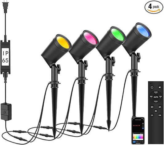SUNTHIN 4 Pack Smart Landscape Lights, RGBW Color Changing Landscape Lights with Remote, Compatible with Alexa and Google Home, IP65 Waterproof, for Garden, Yard, Lawn, Wall, Tree, Fence(6W/ Light) SUNTHIN
