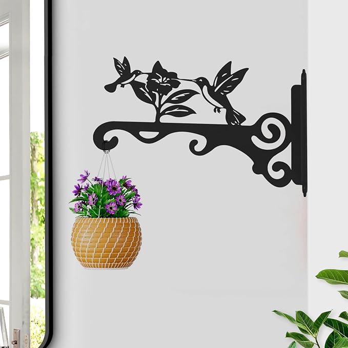 Elegant Bird Pattern Wall Hooks - 10/12/14 Inch Metal Plant Hangers for Indoor & Outdoor - Rust-Resistant Bracket for Plants, Feeders, Chimes, Lanterns (2, Black, 10 inch) mekpiwu