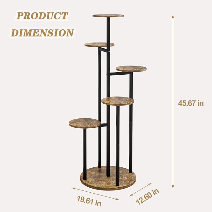 Plant Stand Indoor 6 Tier 9 Potted Multiple Flower Pot Holder for Patio Garden Balcony Living Room Corner (6 Tier Black+Rustic Brown) INGIORDAR