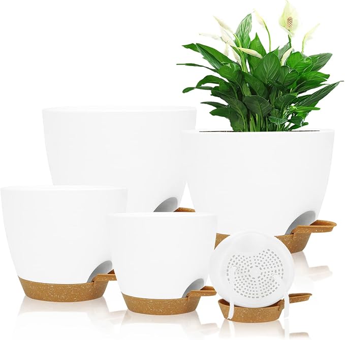 Self Watering Planters with Drainage Holes Reservoir,Nursery Planting Pot for Indoor Decor Garden Plants Succulents,Snake Plant, African Violet,Plastic Flower Pots Set 7+6.5+6+5.5+5 Inch (White) STSTECH