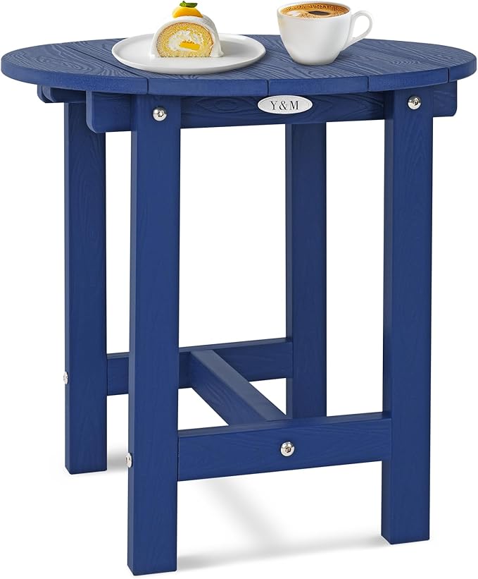 Y&M Outdoor Side Table, Waterproof Four-Legged Round Entryway End Table, Single-Tier HDPE Modern Small Coffee Nightstand for Bedroom, Living Room, Patio, Indoor or Outdoor Use, Navy Blue YM