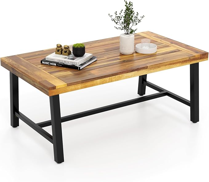 Tangkula Outdoor Acacia Wood Coffee Table, Rectangle Rustic Accent Table with Thickened Top & Heavy-Duty Metal Legs, for Patio, Deck, Garden, Natural TANGKULA