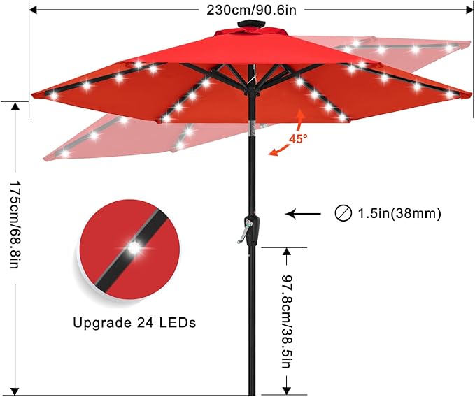 ABCCANOPY Durable Solar Led Patio Umbrellas with 24LED Lights 7.5FT (Red) ABCCANOPY