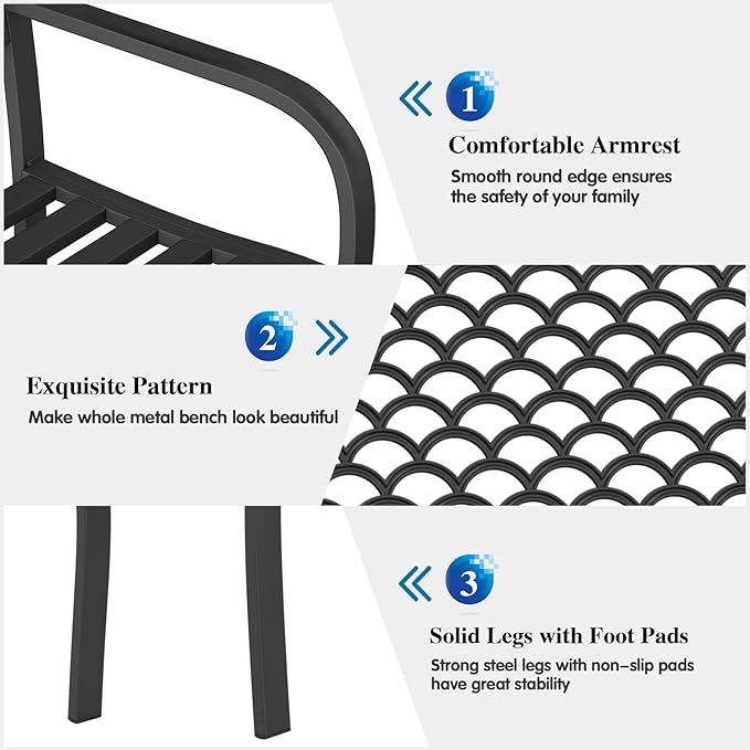 On Shine Outdoor Garden Bench Cast Iron Steel Outdoor Bench Clearance Weatherproof Metal Park Bench for Porch, Yard, Lawn, Deck (Scale) Rootora